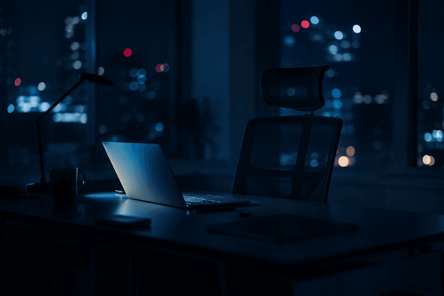 Una laptop encendida y una silla vacía en una oficina de noche